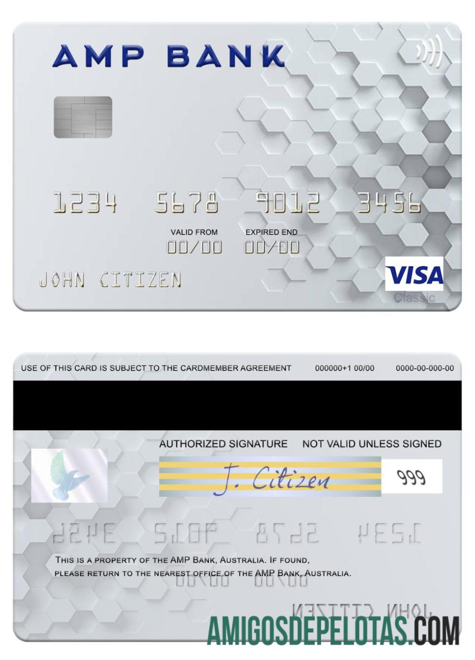 Cartão Visa do Banco AMP da Austrália modelo